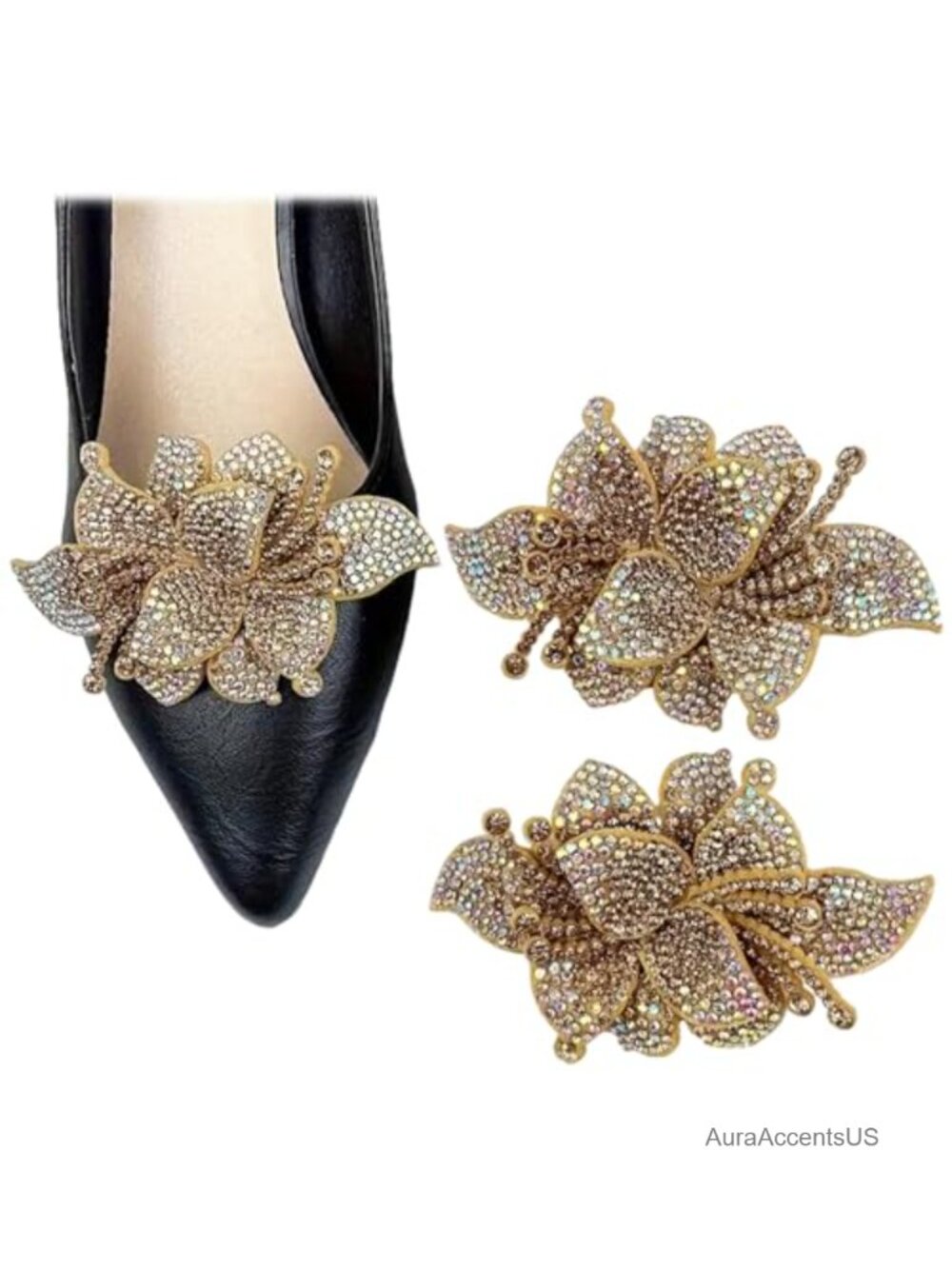 Set of 2 Fabric Flower Rhinestone Shoe Clips Metal Back Buckle for Heels